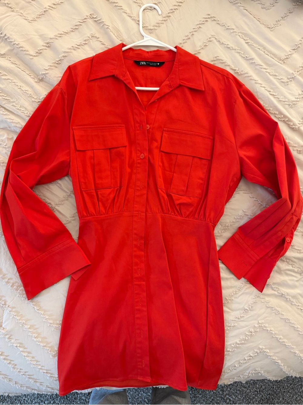 Zara Bright Red Utility Shirt Dress with Chest Pockets